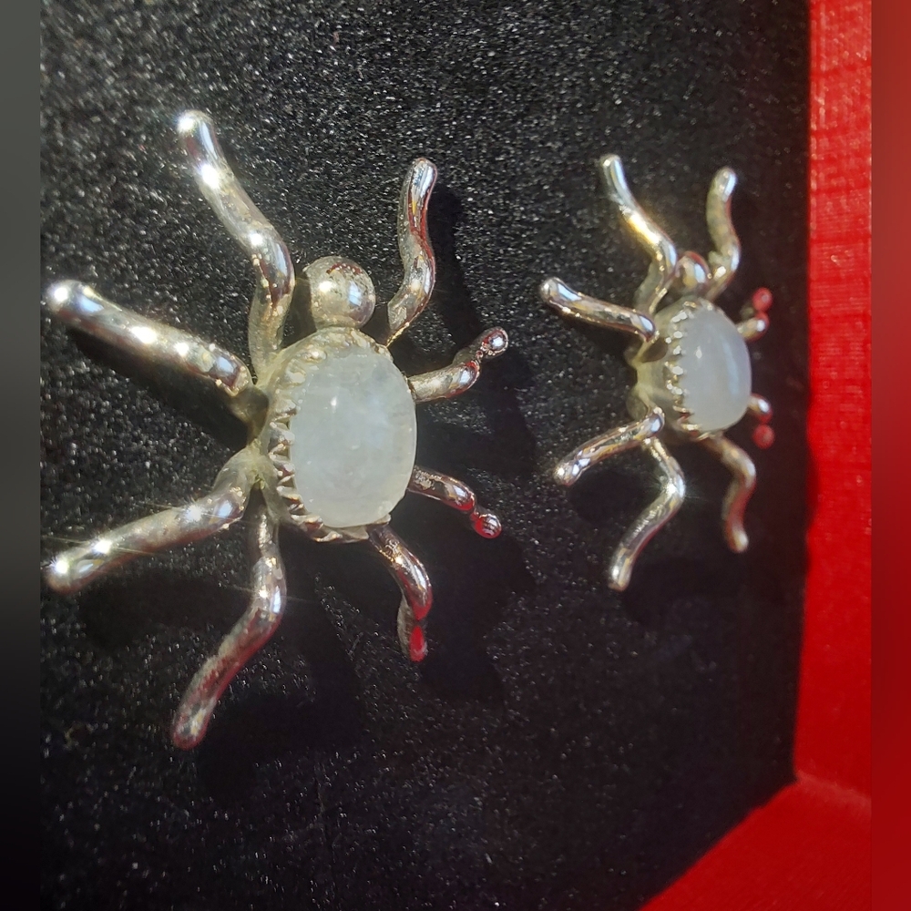 Spider Shaped Moonstone Silver Stud Statement Earrings - Picture 10 of 11